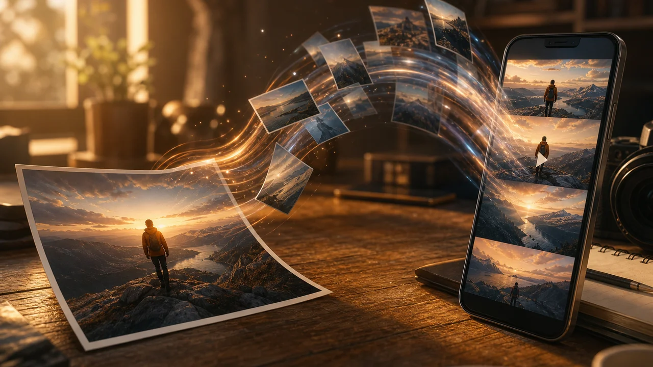 Printed photograph lifting into motion with soft light trails suggesting photo-to-video animation