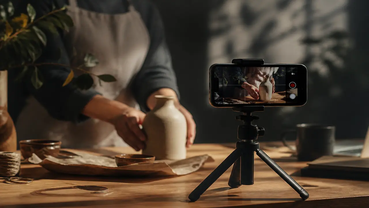 Cinematic editorial scene of a phone showing a short vertical clip beside a glowing prompt card — topic reclame video maken met ai
