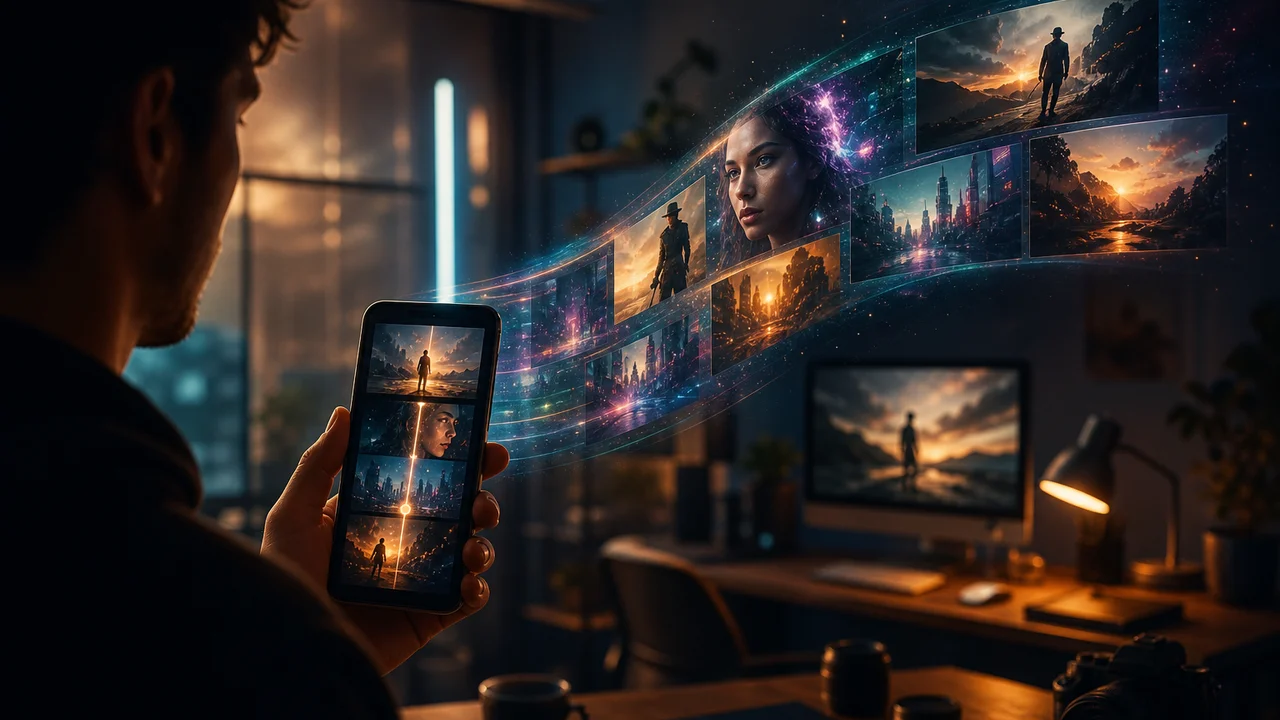 Créateur tenant un téléphone avec timeline verticale Reels et lueur cinématographique