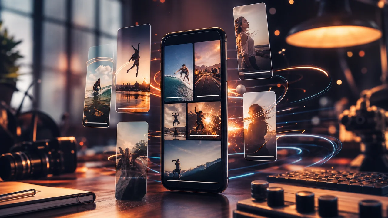 Vertical phone frame with layered Reels-style clips suggesting an Instagram reels maker workflow