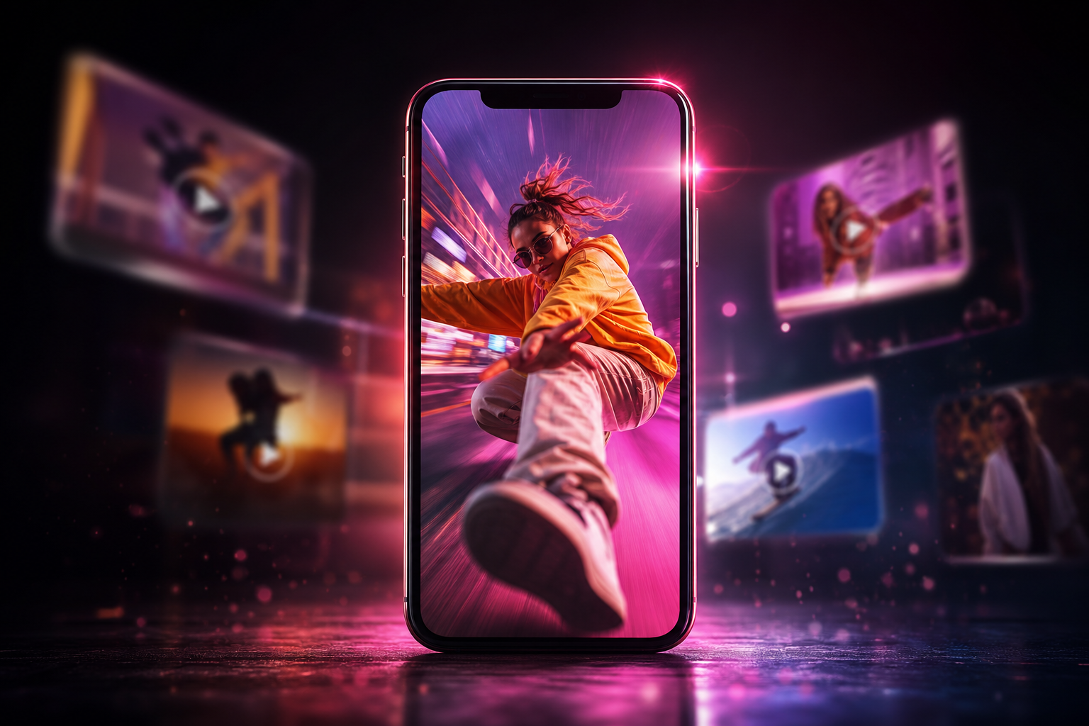 Vertikales Smartphone mit Kurzvideo-Vorschau und sanften neonfarbenen Lichtreflexen