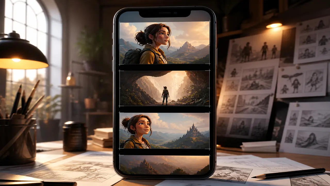 Stylized studio desk with phone timeline, soft light trails, and a vertical video frame — topic shorts maker