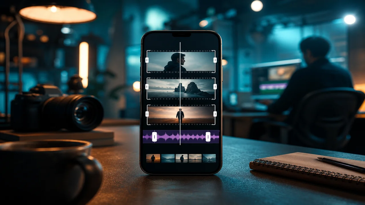Timeline editor video di layar ponsel dengan klip vertikal dan trek musik