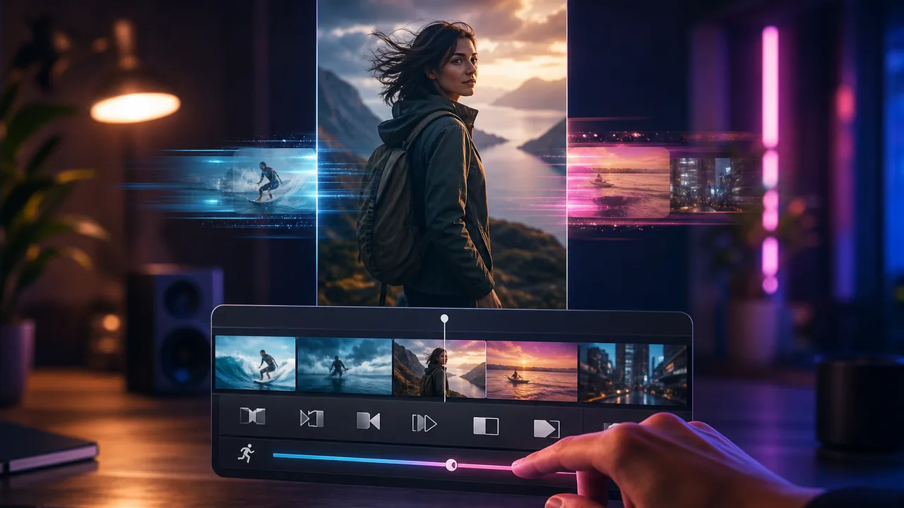 Timeline mit Speed- und Übergangskontrollen über einem fertigen Hochformat-Clip