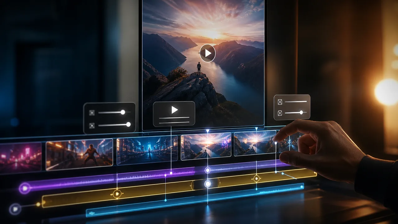 Timeline con controlli velocità e transizioni su un clip verticale