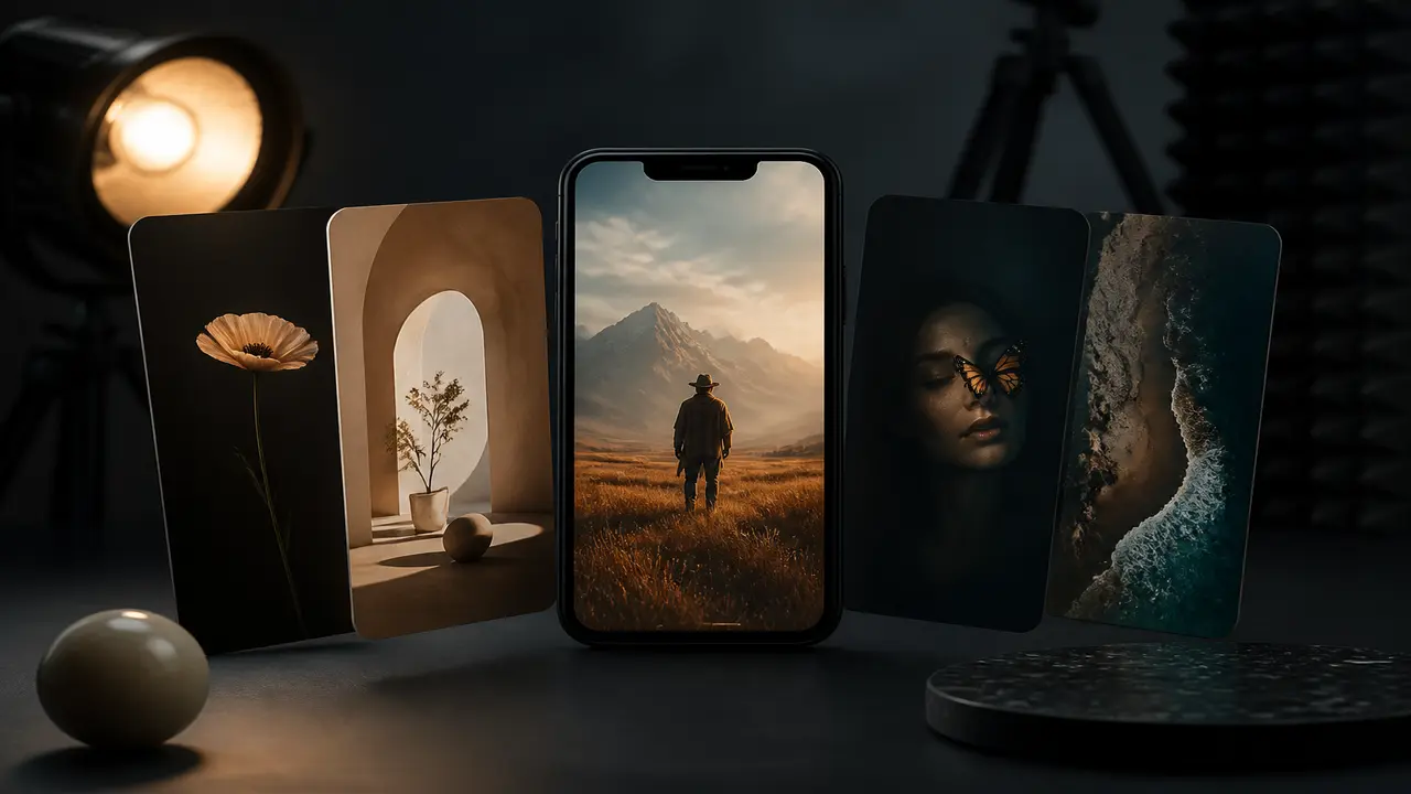 Cinematic editorial scene of a phone showing a short vertical clip beside a glowing prompt card — topic szablony wideo