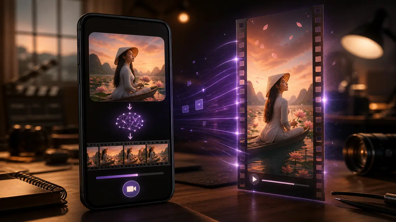 Stylized studio desk with phone timeline, soft light trails, and a vertical video frame — topic tạo ảnh ai
