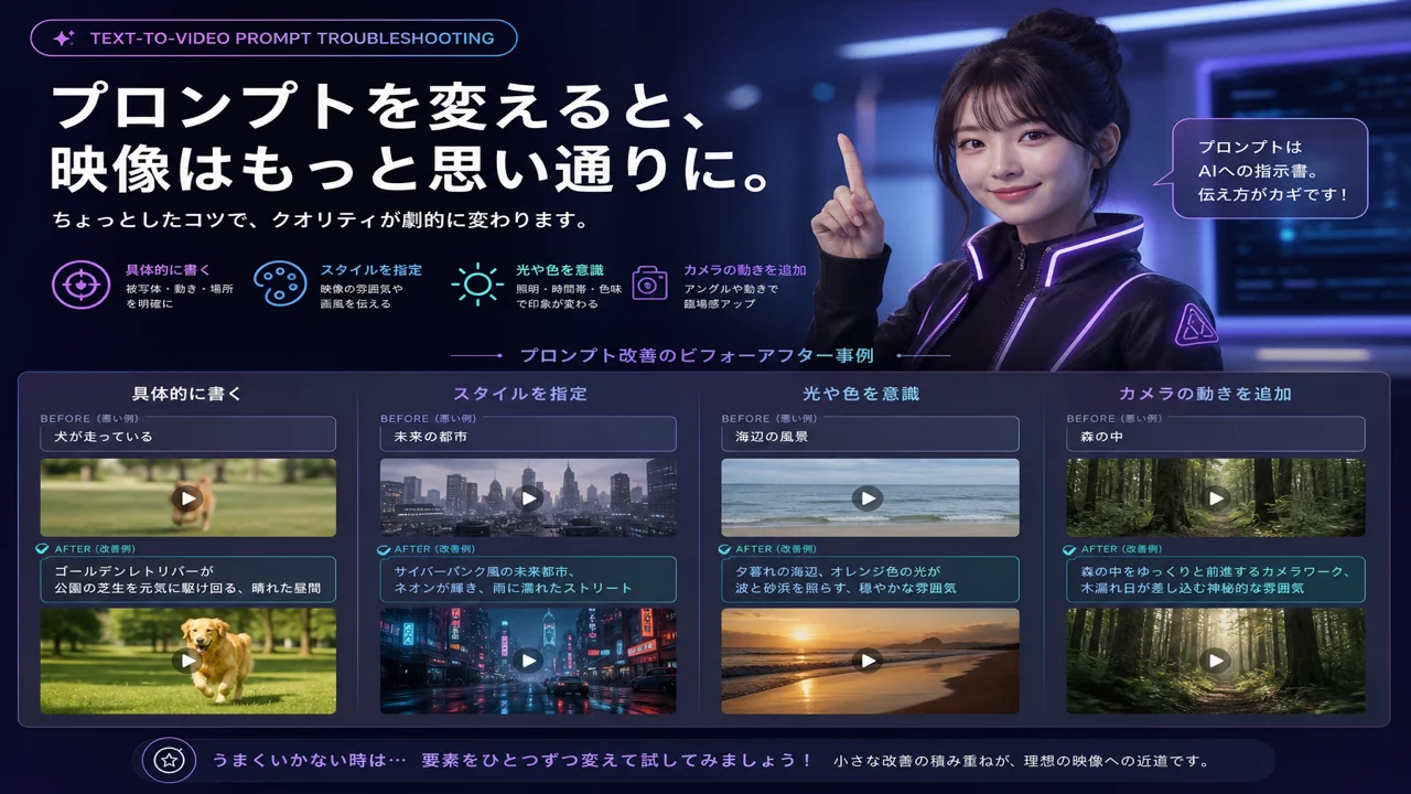 スマホ画面に短いプロンプト文とそこから広がる光の軌跡が描かれたテキストから動画のイメージ