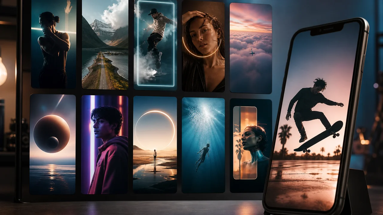 Kisi template video vertikal dengan pratinjau klip pendek di layar ponsel