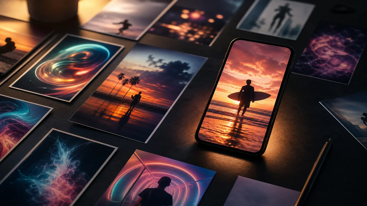 Griglia di template video verticali con anteprima clip su smartphone, luce editoriale