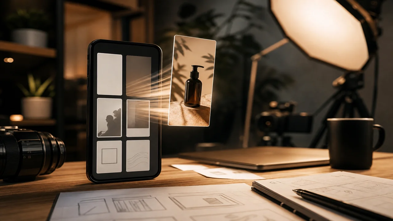 Smartphone no estúdio com grade de templates e um frame de produto flutuando à frente