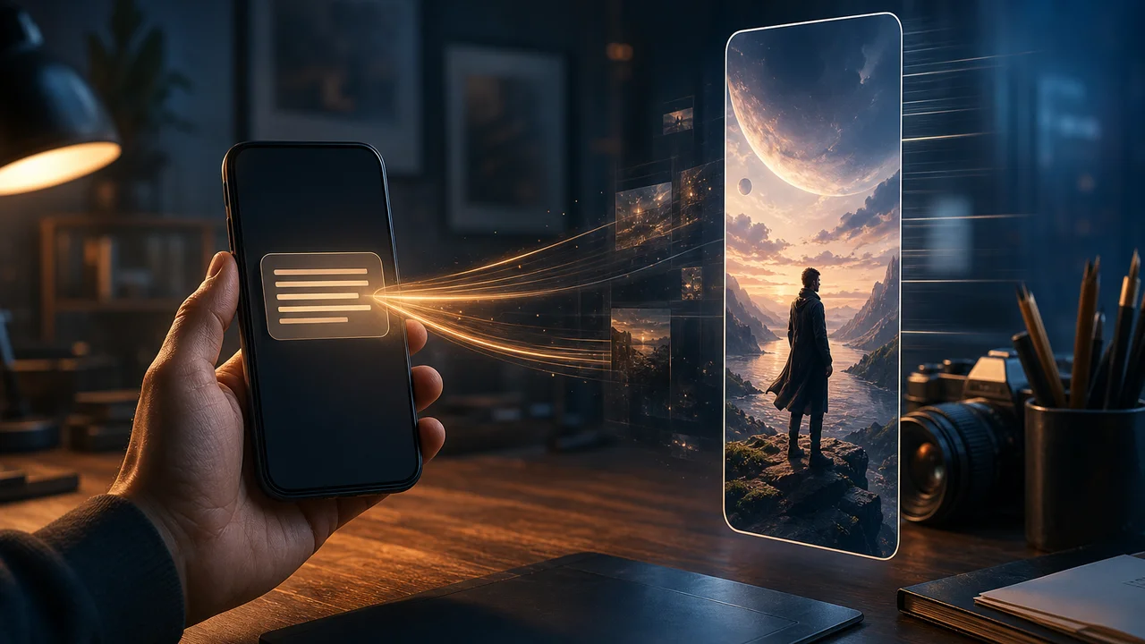 Smartphone con prompt testuale che diventa anteprima video verticale