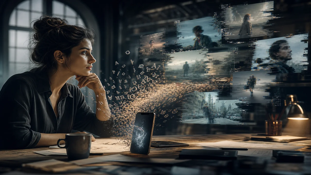 Schermo smartphone con prompt testuale breve che diventa anteprima video