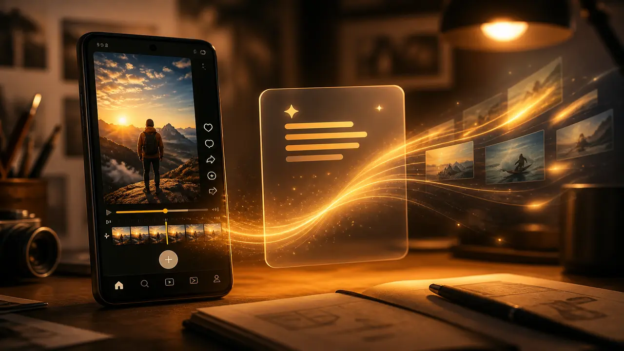 Cinematic editorial scene of a phone showing a short vertical clip beside a glowing prompt card — topic text to video app