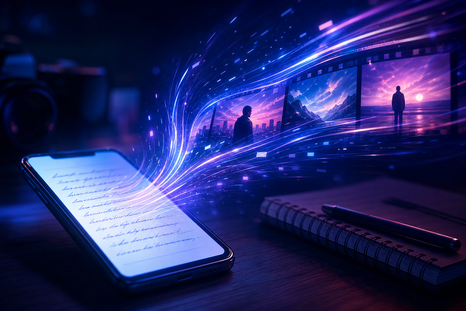 Abstrakte Lichtspuren auf einem Smartphone, die aus geschriebenem Text Bewegung suggerieren