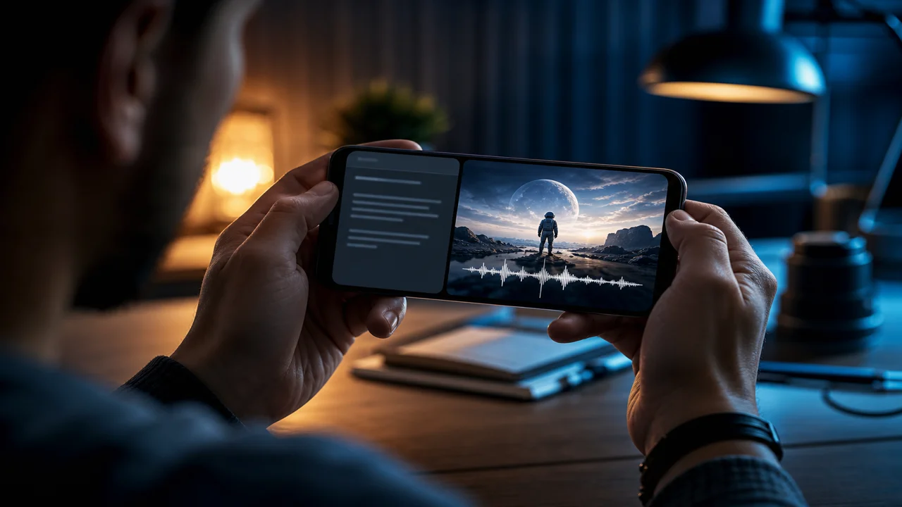 Smartphone affichant un prompt texte et un clip vidéo IA avec indicateur de synchronisation voix
