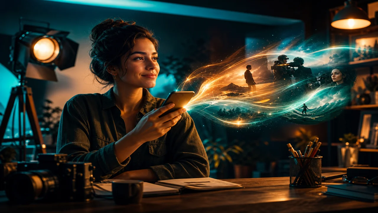 Ilustração cinematográfica de trilhas de luz sugerindo movimento a partir de texto no celular