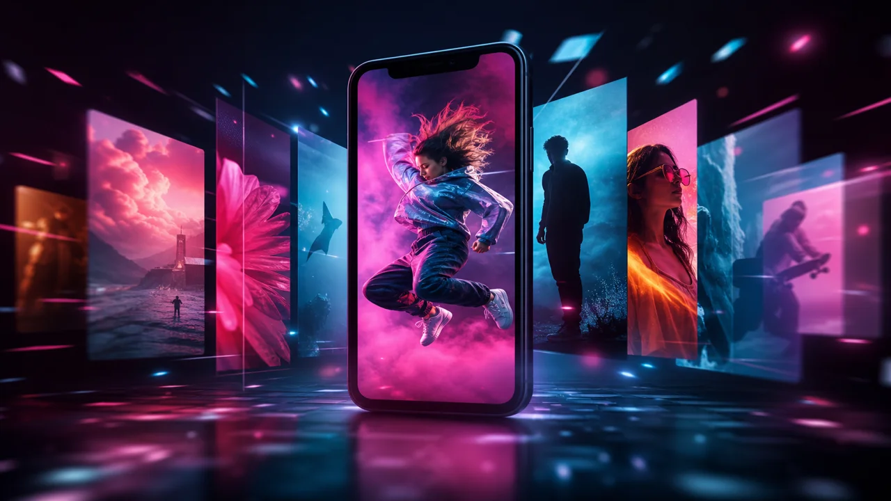Pionowy ekran telefonu z dynamicznym klipem i miękkim światłem neonowym