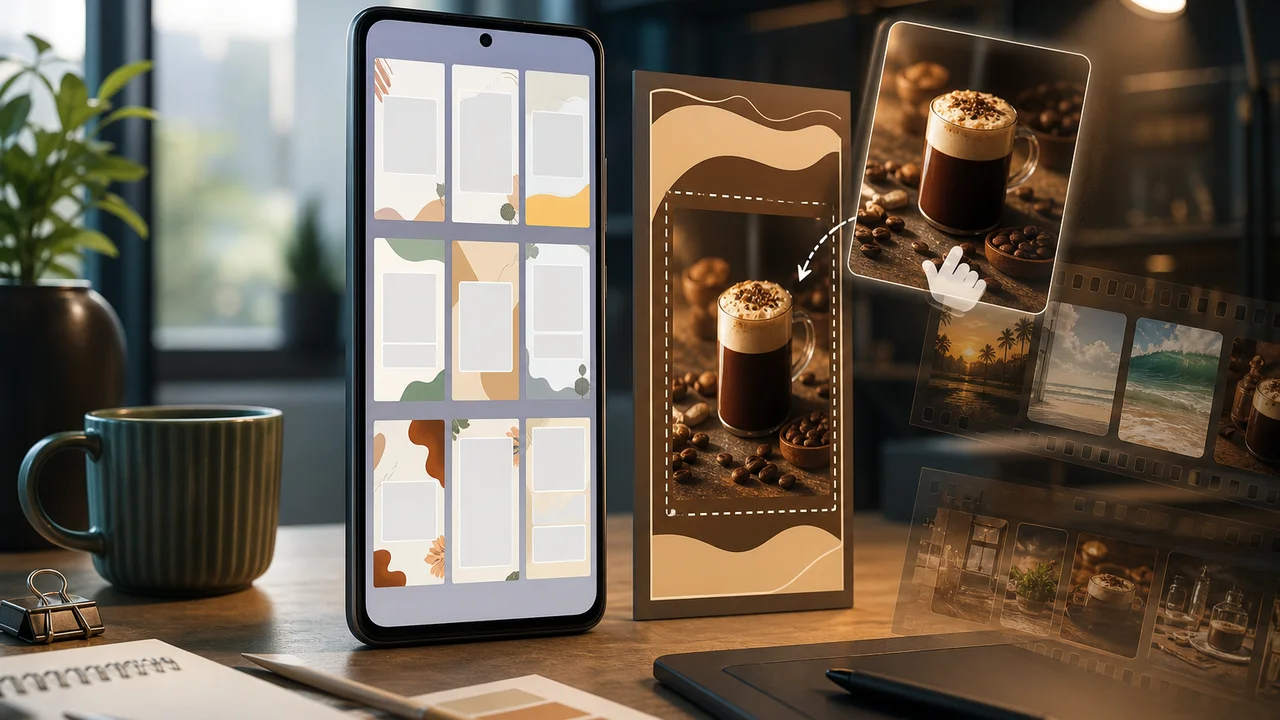 Schreibtisch mit Smartphone-Vorlagenraster und schwebendem Kaffee-Motiv im offenen Promo-Layout