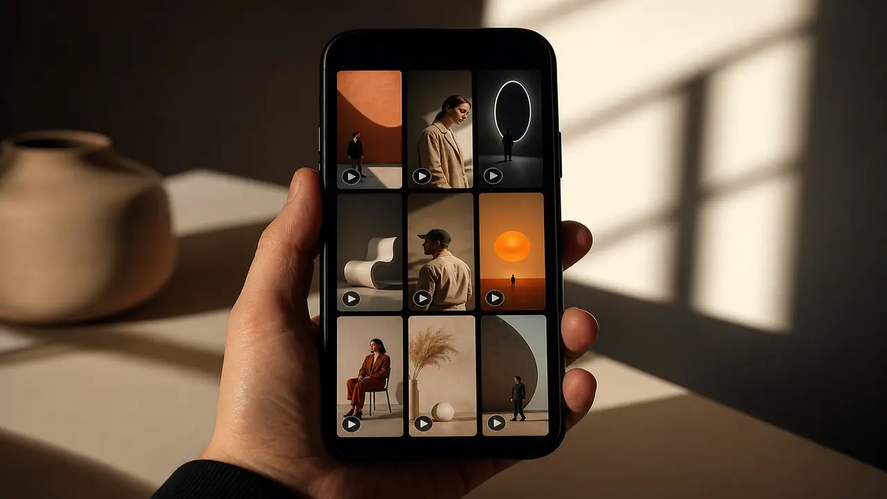 Stylized studio desk with phone timeline, soft light trails, and a vertical video frame — topic korte video app