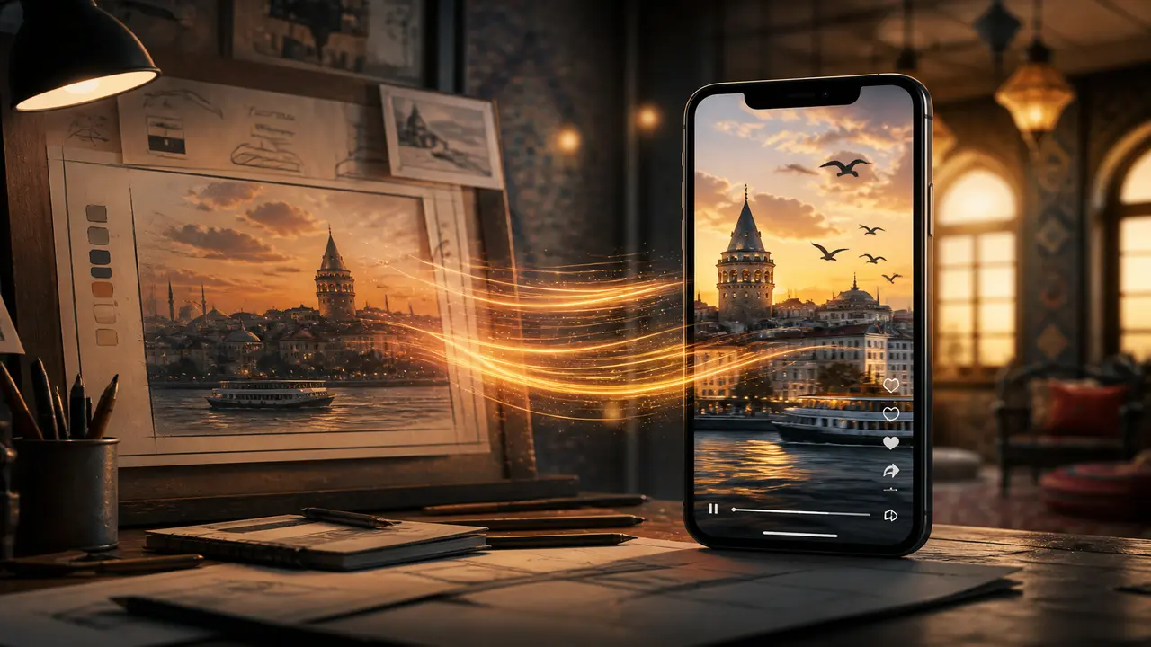 Stylized studio desk with phone timeline, soft light trails, and a vertical video frame — topic yapay zeka görsel