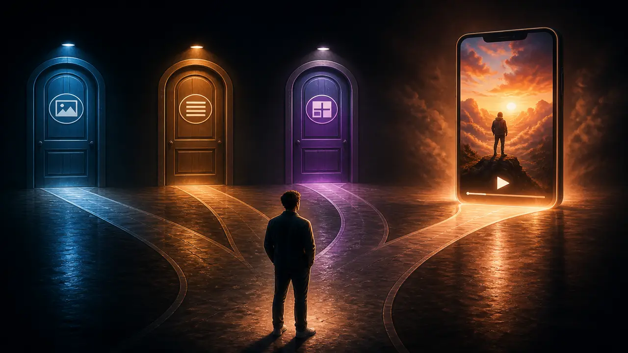 Three doorway icons for photo, text, and template paths leading to one vertical clip — topic yapay zeka video oluşturucu